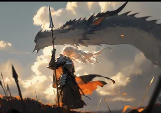A powerful female warrior with flowing white hair and armor stands holding a spear under a large dragon against a cloudy sky with glowing embers.