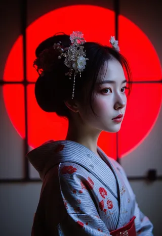 伝統的な舞妓としてスタイリングされた若い女性の肖像。灰色と白のストライプの着物に赤い花柄が施され、華やかな日本の簪をつけ、劇的な側面照明で照らされ、大胆な赤い円形背景に黒い線が交差している。