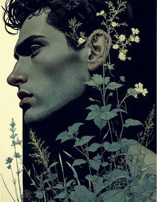 Illustration of a slim shirtless man in medium close-up with botanical elements entwining around him, presented in a dark and modern style inspired by Kay Nielsen.