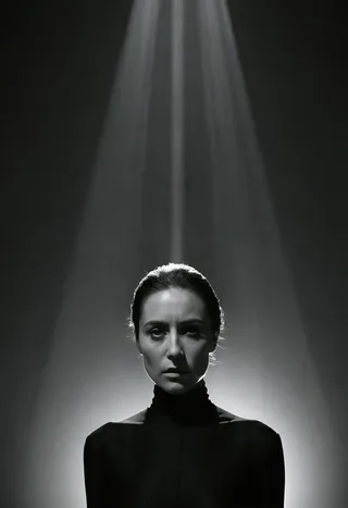 A regal woman dressed in a high-neck black gown is illuminated by a single sharp beam of light from above in a high contrast greyscale image with heavy grain and minimalist composition.