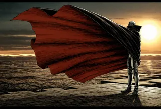 Vintage horror comic style faceless male figure in a futuristic suit with a long flowing cape, standing with his back to a sunrise and a huge alien spaceship in the distant background.