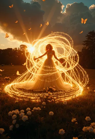 A woman in a flowing dress stands in a flower field at sunset, surrounded by swirling golden light trails and glowing butterflies against dramatic clouds.