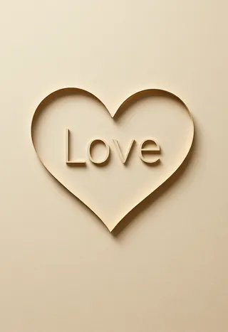 Minimalist heart shape and the word LOVE cut out from beige paper, featuring clean geometric lines and a thin sans-serif font.