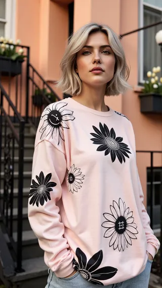 Casual standing portrait of a woman with ash blonde bob wearing a blush pink hoodie with bold black-and-white floral graphics, set against a suburban backdrop with peach walls and blooming tulips.