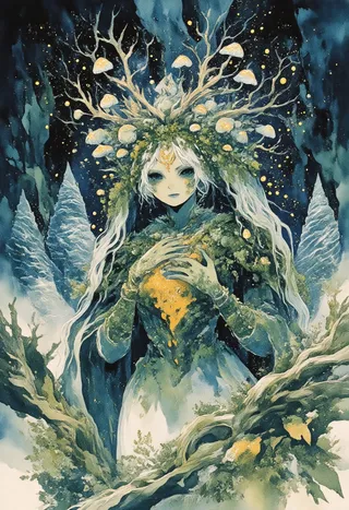 A surreal fantasy portrait of a forest witch blooming from a petrified tree trunk with golden sap flowing from her eyes, a crown of antlers tangled with glowing mushrooms, and moss-covered arms.