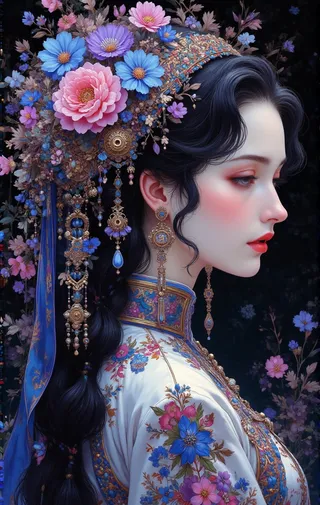 Profile of a woman adorned with delicate metal headwear, luxurious earrings, and vivid flowers blooming in her hair, dressed in richly decorated traditional attire with soft blues, purples, and pinks.