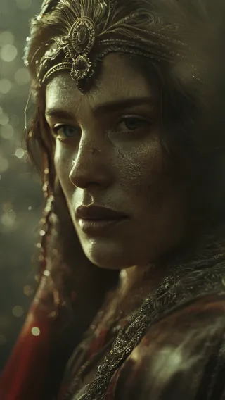 Close-up cinematic portrait of a Slavic goddess of war wearing an ornate ancient headpiece and richly detailed costume with moody lighting.