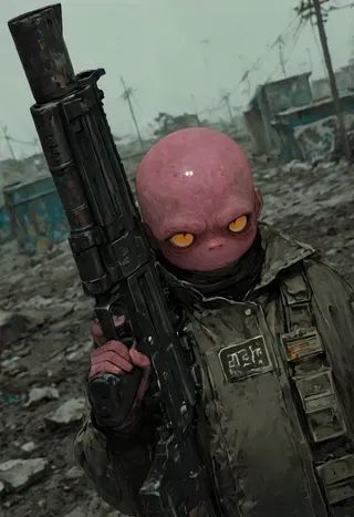 Detailed 3D rendering of a pink-skinned alien soldier with intense yellow eyes, holding a large gun while standing in a bleak wasteland garbage dump under volumetric lighting.