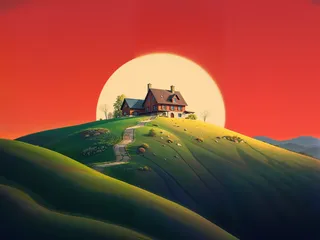 A house situated on a green hill with a winding stone pathway, set against a large sun and a gradient sky transitioning from light red to dark red.