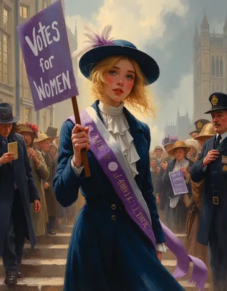 Radiant young 1900s suffragette holding a 'Votes for Women' sign on the steps of a grand building, surrounded by cheering activists and a police officer, painted in Rembrandt-style oil painting.