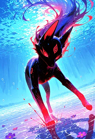 A mystical black jackal with glowing red eyes and violet-blue flowing fur in a dynamic pose, splashing water painted in vibrant watercolor style with transparent layers and caustics.