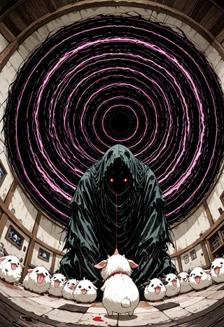 A dark hooded figure with glowing red eyes looms over a group of white fluffy poro creatures inside a circular room with fish-eye lens effect and swirling pink and black vortex ceiling.