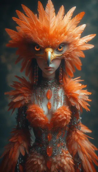 Close-up portrait of a woman wearing an elaborate orange feather headdress resembling a bald eagle, with glowing orange eyes and intricate crystal jewelry adorning her fantasy costume.