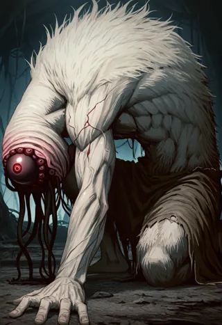 A giant werewolf creature named Kiginobiru, with white fur and ripped clothes, in a dynamic low fighting pose with one arm on the ground, set in a dark and eerie forest.