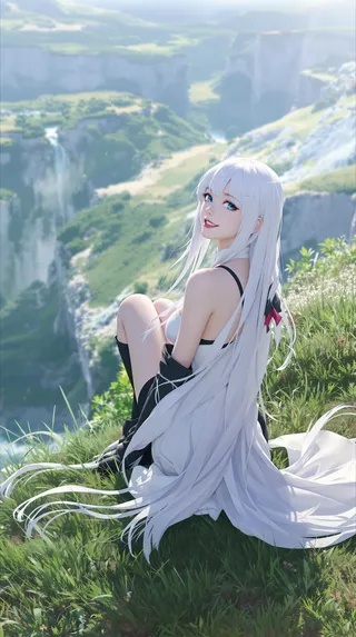 Anime girl with long white hair and blue eyes sitting on grass near a cliff edge, looking back and smiling with bright daylight and scenic canyon background.