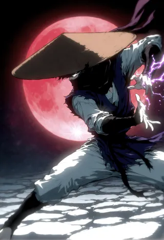 Ninja in torn traditional clothes and rice hat in karate stance with glowing white eyes, casting purple electricity, with a large red moon in the background.
