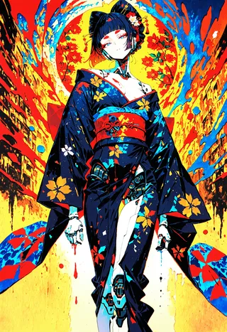 A cybernetic geisha wearing a dark kimono with floral patterns and neon circuit details, blending bio-mechanical elements and psychedelic inks in vibrant abstract art.