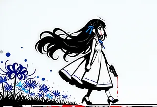 Side profile of a girl with very long black hair, wearing a white sleeveless floor-length dress and blue ribbons, holding a bleeding handgun, with blue spider lilies in foreground on a grey background.