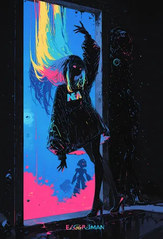 A silhouette character with flowing hair stands in a dynamic pose before a neon-colored splash backdrop, featuring vivid blues, pinks, and yellows with fashion elements.