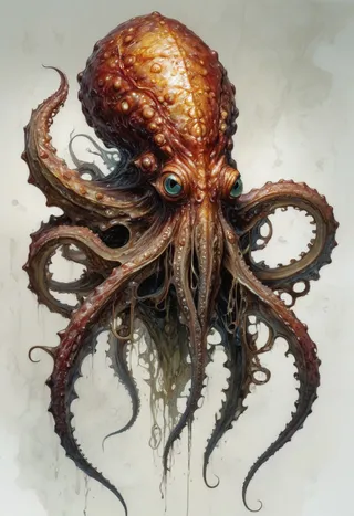 Highly detailed fantasy concept art of an octopus-like monster with iridescent skin and large tentacles on a white background