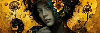 Portrait of a woman with dark skin adorned with golden glitter and floral elements in a style inspired by Gustav Klimt, featuring waterdrops and sparkles.