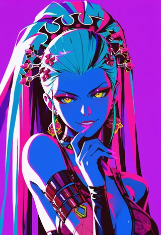 Detailed anime-style illustration of Daki with blue skin and long pink nails, set against a vibrant purple background, showing upper body and confident expression.