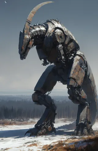A massive mechanical dinosaur-like creature with a curved metallic horn stands in a snowy frozen forest under an overcast sky with a small crescent moon visible.