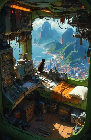 A detailed futuristic cockpit with cluttered gadgets and a cat looking out a window overlooking a vibrant coastal city and lush mountainous landscape under bright natural light.
