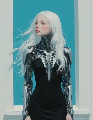 Portrait of an albino cyborg girl with flowing white hair and blue eyes, wearing a tight black futuristic dress, showcasing intricate mechanical arms and chest plate, against a light blue background.