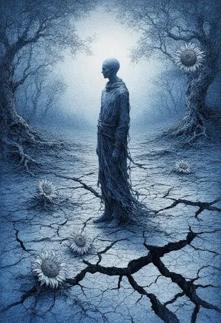 Monochromatic blue illustration of a solitary figure standing on cracked earth surrounded by sunflowers and intricate leaf patterns, rendered in detailed scratchboard linework.