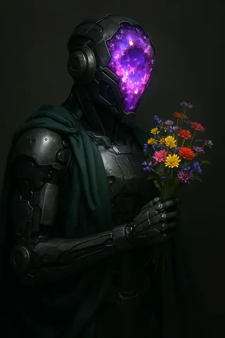 A cyberpunk-style futuristic robot figure with a glowing purple crystal geode face, draped in dark green fabric, holding a vibrant bouquet of multicolored flowers under soft studio lighting.