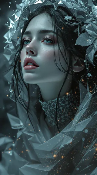 Portrait of a beautiful young woman with blue eyes in a melancholic digital artwork featuring geometric designs and sparkling effects, representing a progressive opera rock album cover.