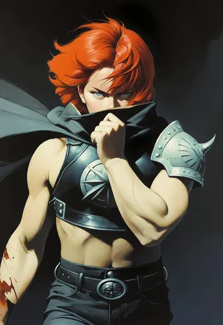 Muscular red-haired warrior with blue eyes, wearing leather armor and a cape covering his mouth, standing against a dark background.