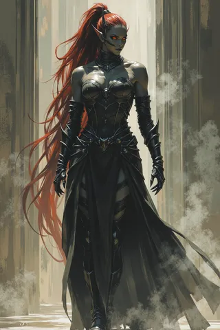 Photorealistic depiction of a Warhammer 40K Drukhari Succubus with darkcoal skin, deep red flowing high ponytail, glowing orange eyes, and dark segmented armor with an organic biometric headset.