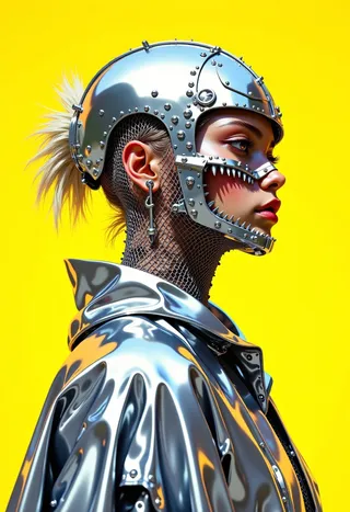 Side profile of a fashion model wearing a hyper-detailed silver chainmail outfit with chrome helmet and sharp geometric forms, set against a vivid yellow background.