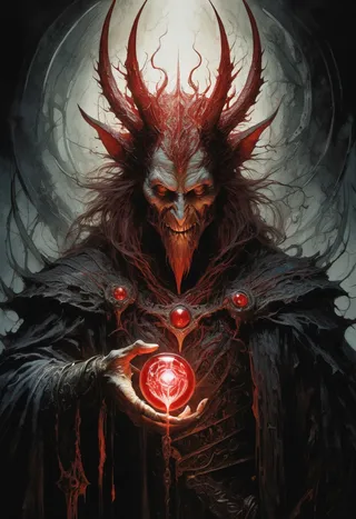 A dark fantasy wizard with demonic red horns and a frightening face holds a glowing red orb emitting magical energy.