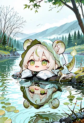 Chibi white-haired girl with green eyes and lizard tail resting on water surface, reflected in lake surrounded by trees and mountains.