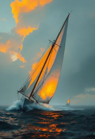 A sailboat with glowing sails illuminated by the orange sunset reflected on dark ocean waves under a stormy sky.