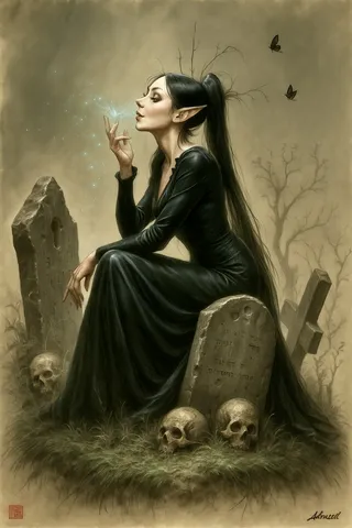 A graceful dark elf woman in a black dress sits on a mossy tombstone surrounded by skulls and weathered crosses, exhaling glowing cerulean motes with slender antlered twigs in her ebony hair, depicted in a soft painterly style.