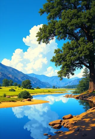 A calm river with sandy banks reflects a bright blue sky filled with white cumulus clouds. A large leafy tree stands on the right casting shade, with green fields and blue mountains in the background.