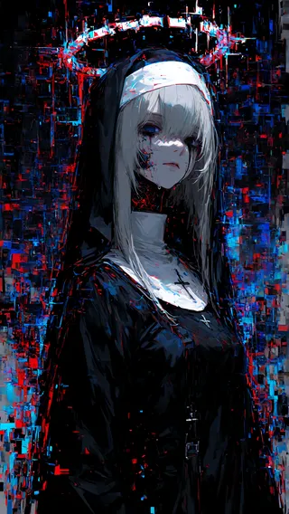 Dark fantasy style oil painting of a lone android nun with a cracked face and crying black tears, adorned with a broken halo and glitch art effects, set against a pixelated background with chromatic aberration.