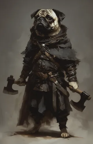 Detailed stylized photograph of a small pug warrior dressed in dark medieval armor, wielding axes in both paws with a somber muted gray background.