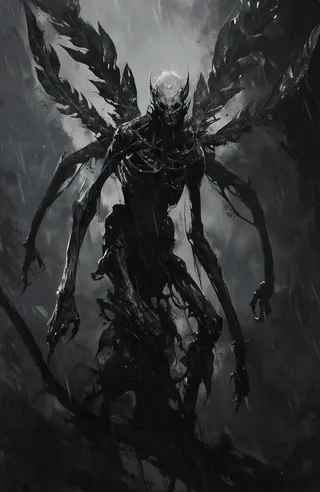 Black-and-white stylized depiction of a grotesque skeletal creature with elongated limbs and large leaf-like wings standing in a dark, rain-soaked environment.