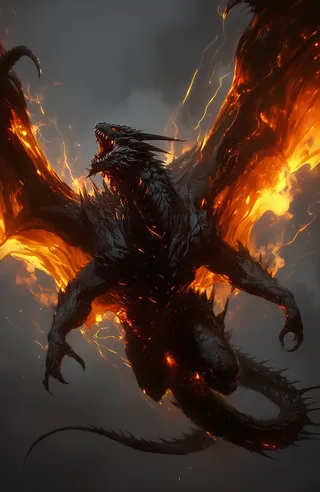 A massive demonic dragon with dark scales and fiery glowing wings mid-flight, mouth open with sharp teeth, amidst a smoky dark gray background illuminated by intense orange flames.