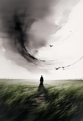 A solitary woman silhouetted in a vast field of tall grass with a dramatic swirling grey sky overhead, birds flying, and a melancholic atmosphere.