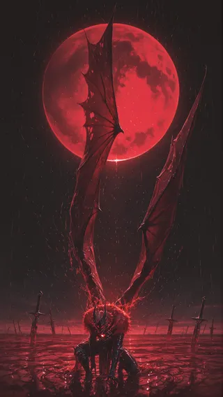 A dark fantasy scene with a kneeling armored male figure with demon wings, glowing red eyes, and multicolored hair in front of a large glowing red moon, surrounded by swords in a pool of blood.