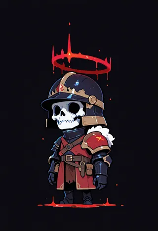 Chibi skeleton warrior in dark fantasy helmet and red armor with a glowing red halo on a black background.