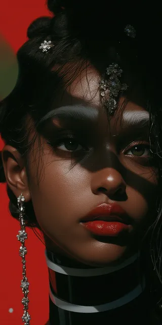 High-contrast portrait of a dark-skinned person with glossy smooth skin and sculptural afro topknot adorned with rhinestone diamond ornaments against a red background with bold shadows.