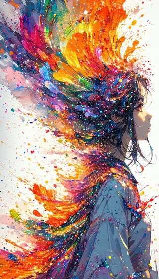 Profile portrait of an anime girl with long flowing hair transforming into an explosion of vibrant abstract colors in pencil style.