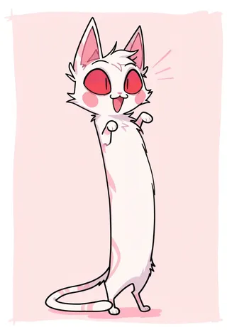 A chibi-style cartoon cat with white fur and pink accents, standing very tall with excited expression.